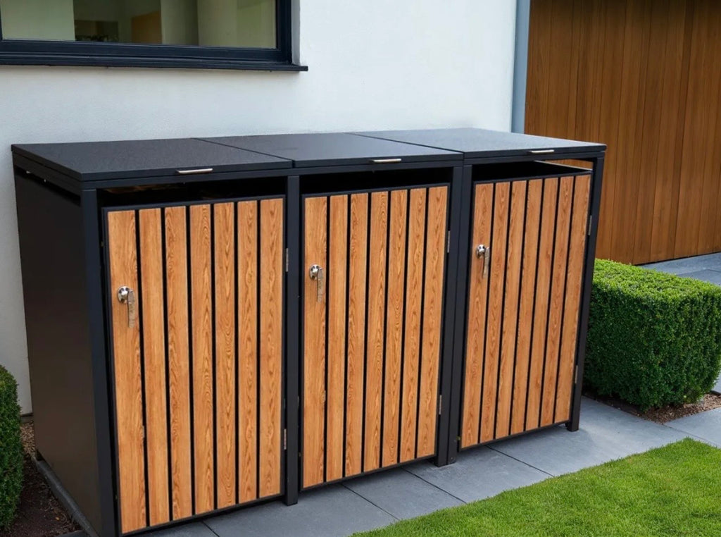 Teak Effect Triple Wheelie Bin Store – No Planter