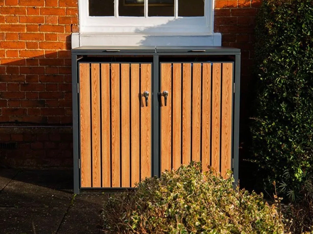 Teak Effect Wheelie Bin Store – Double