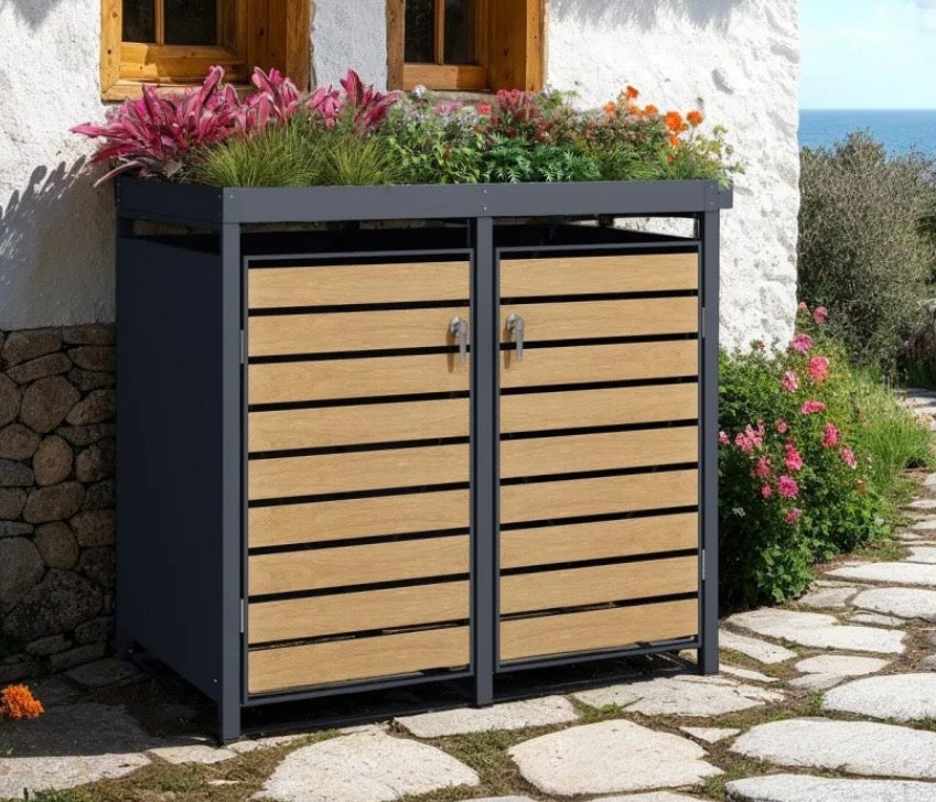 Teak Effect Planter Top Wheelie Bin Store – Double