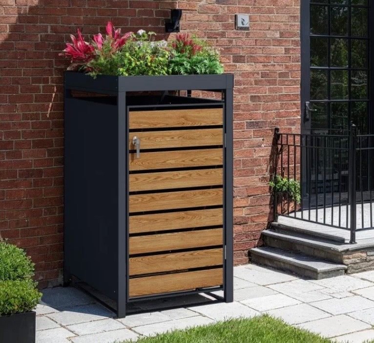 Teak Effect Planter Top Wheelie Bin Store – Double
