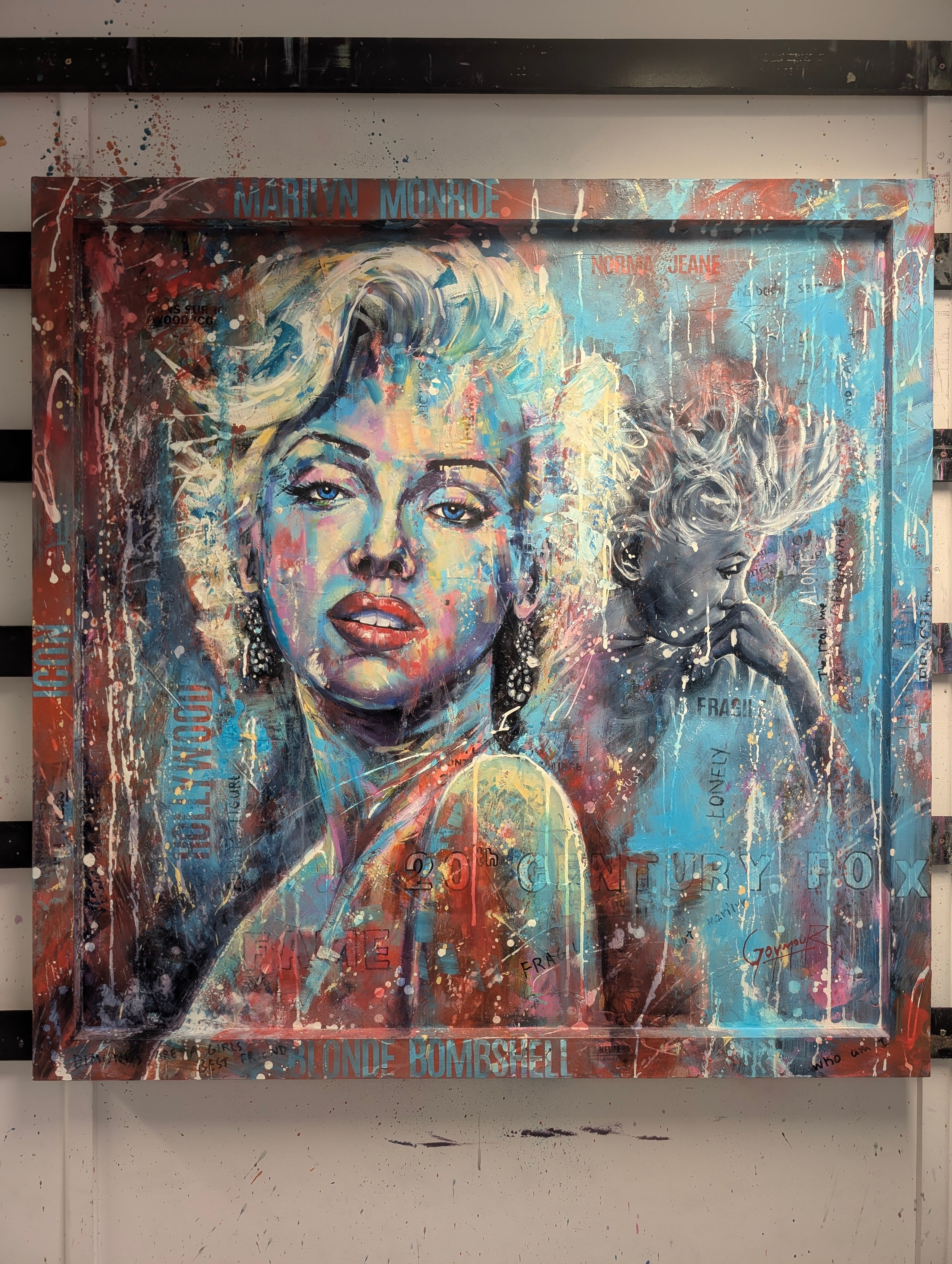 Two Sides to Marilyn – full framed painting by Ben Goymour, showing complete composition on studio wall